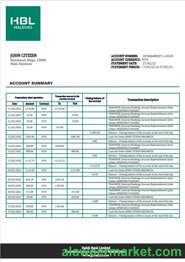 Maldives HBL bank statement